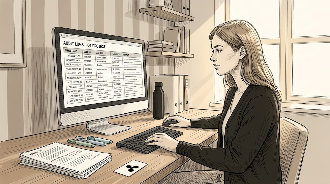 Paralegal reviewing digital audit logs in office