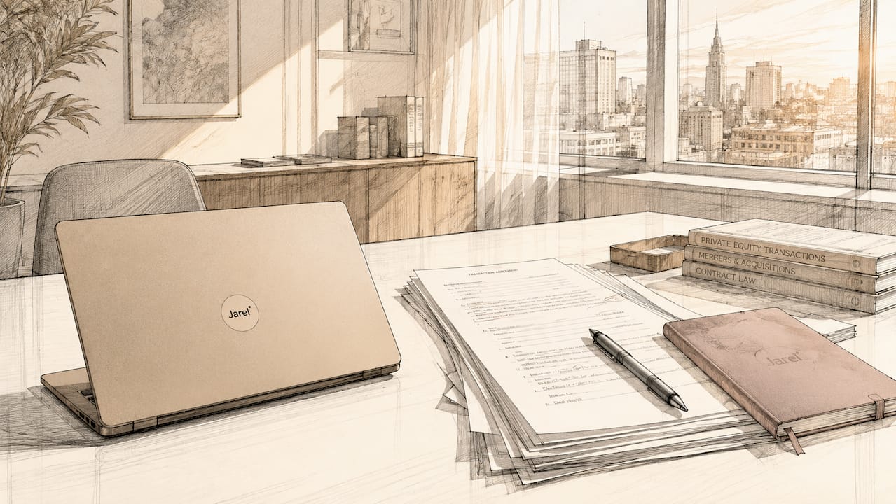 Overhead view of legal AI workspace with documents