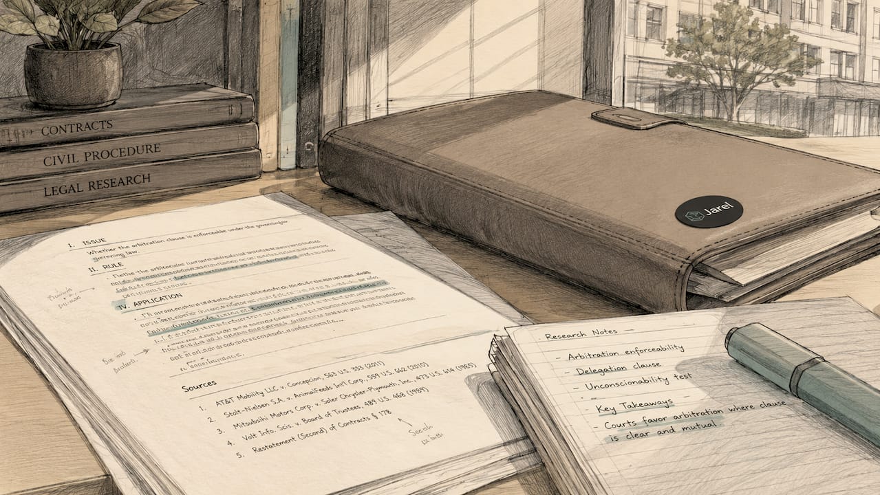 Close-up of legal brief documents and research tools on desk