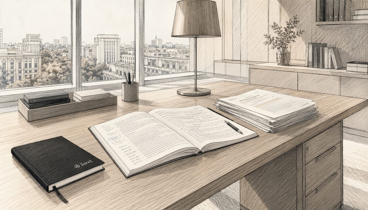 Empty modern legal research workspace with documents