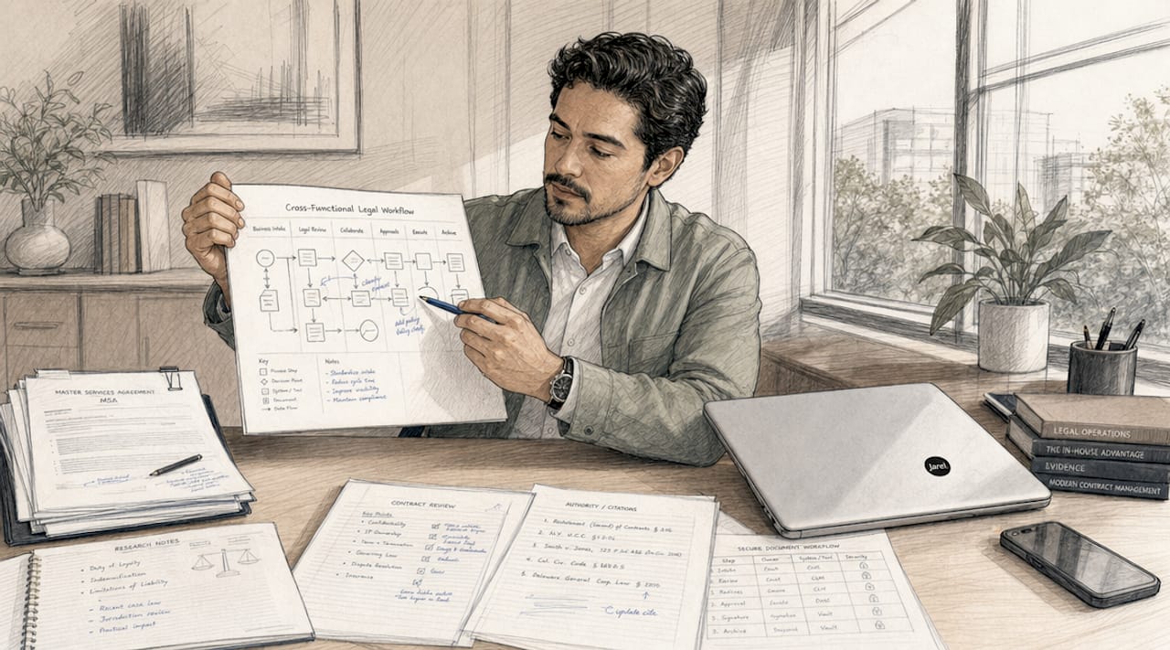 Hands reviewing legal workflow diagram