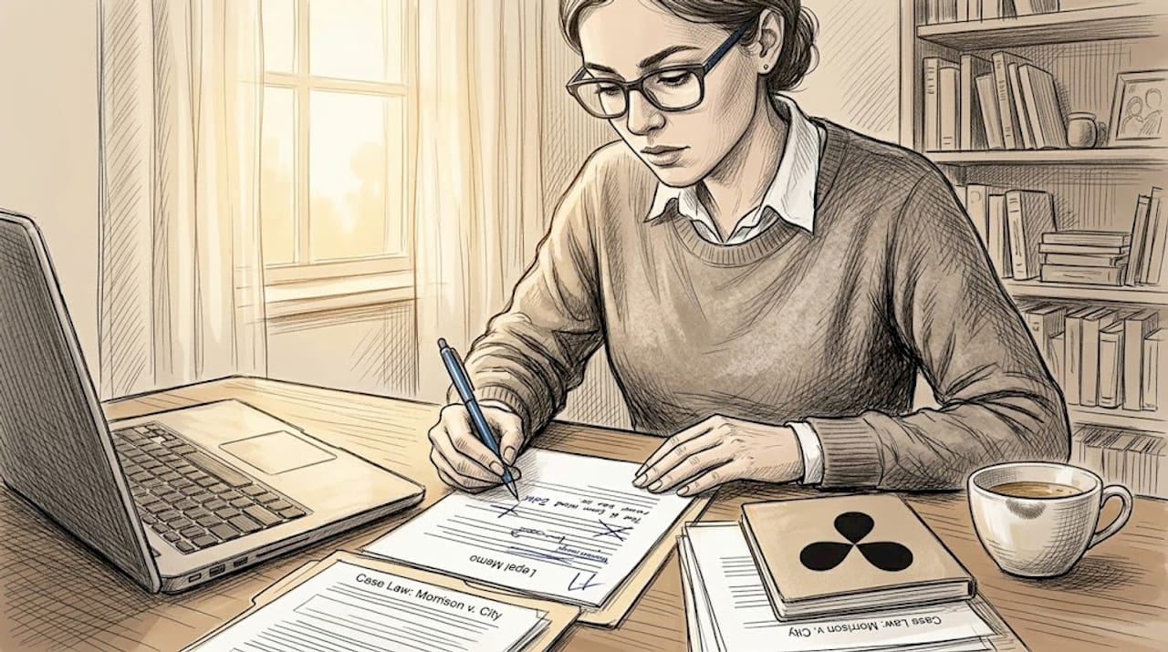 Lawyer editing memo at cluttered shared desk