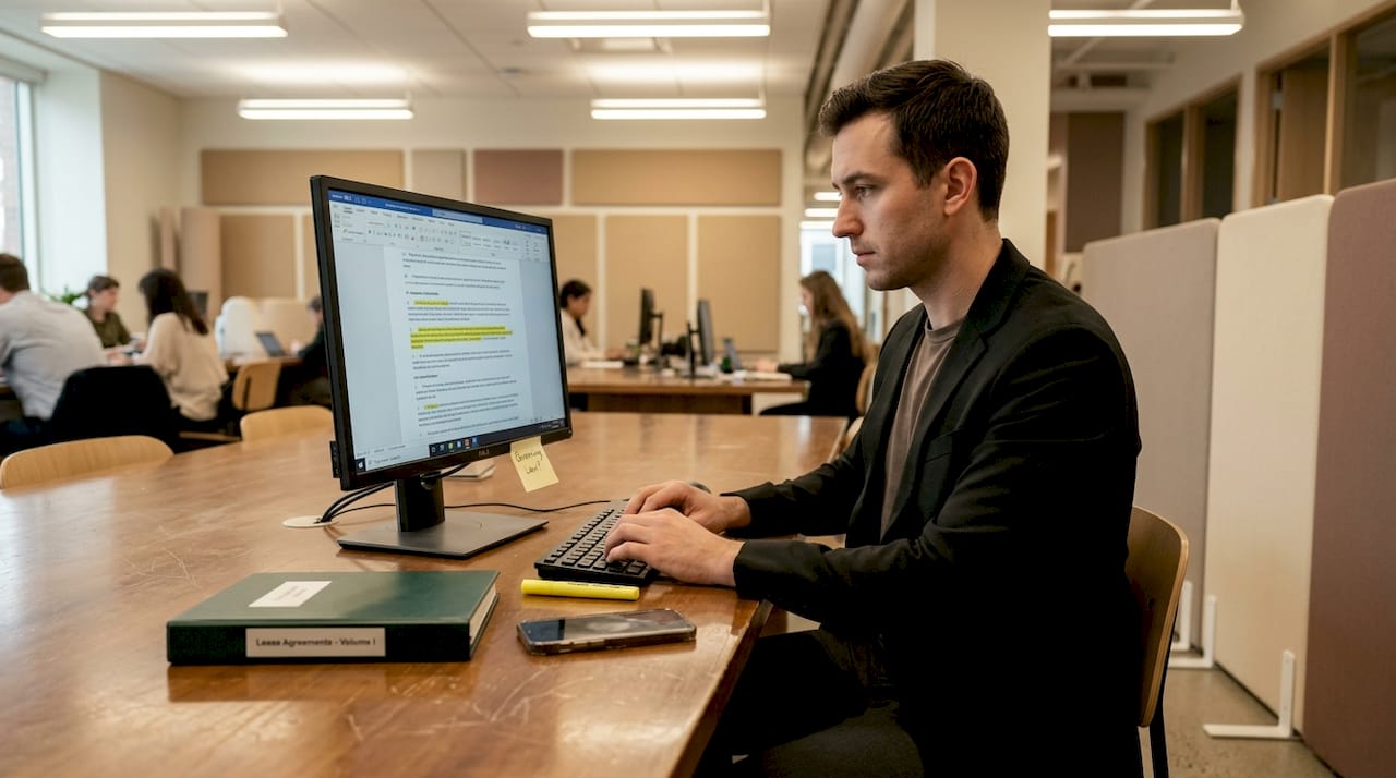Paralegal editing contract clauses at office desk