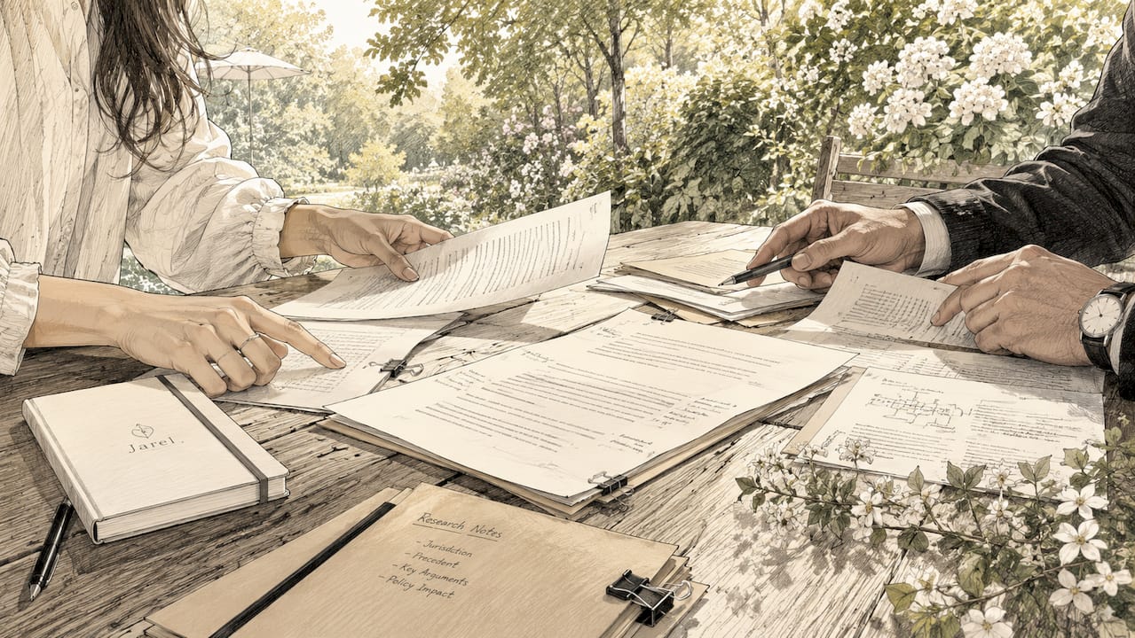 Hands arranging structured legal documents on table