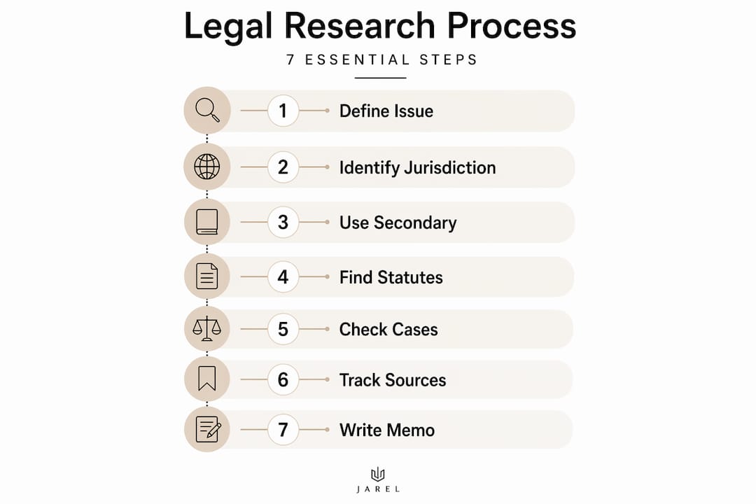 Infographic of seven-step legal research workflow