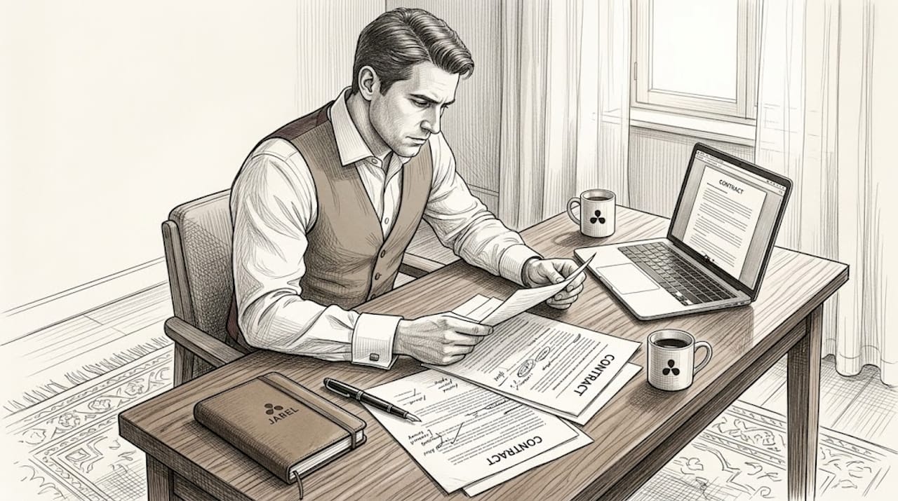 Attorney analyzing contract payment clauses at desk