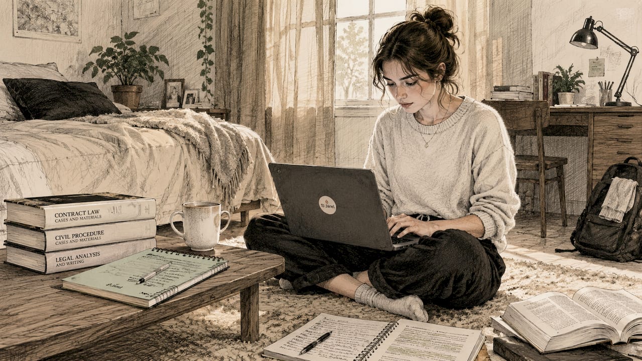 Law student typing legal memo draft in dorm study area