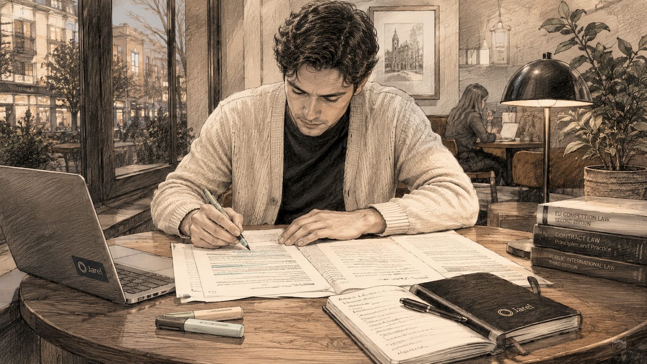 Hands annotating legal contracts at desk overhead view