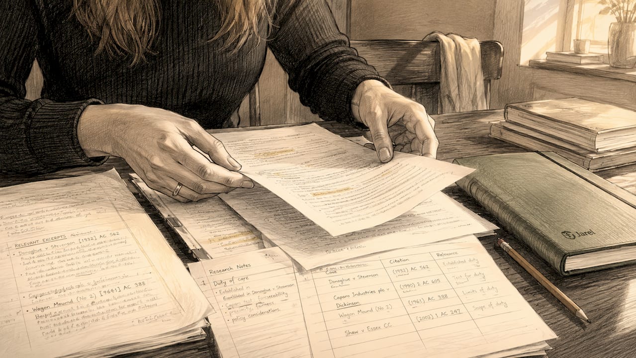 Hands sorting legal research notes and synthesis tables