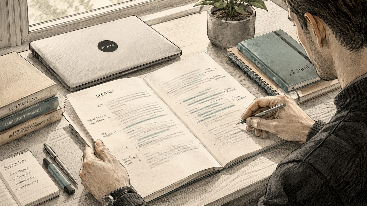 Hands reviewing annotated contract recitals