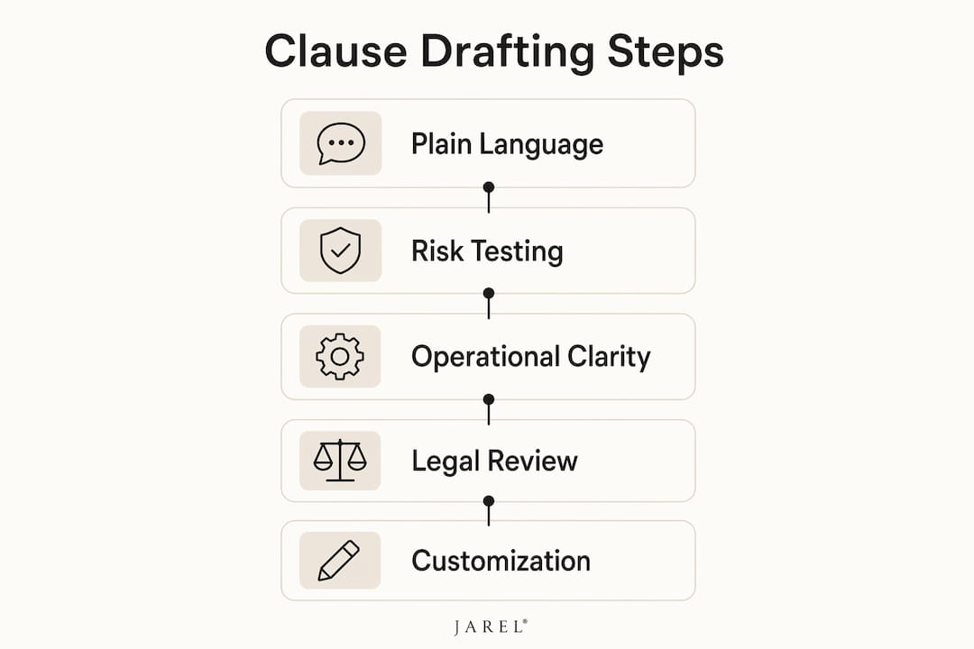 Infographic showing five steps of contract clause drafting