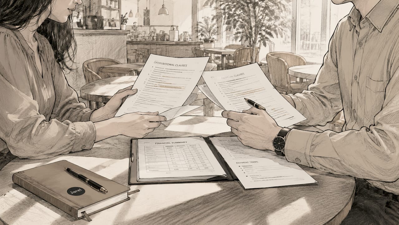 Two hands exchanging contract clause documents