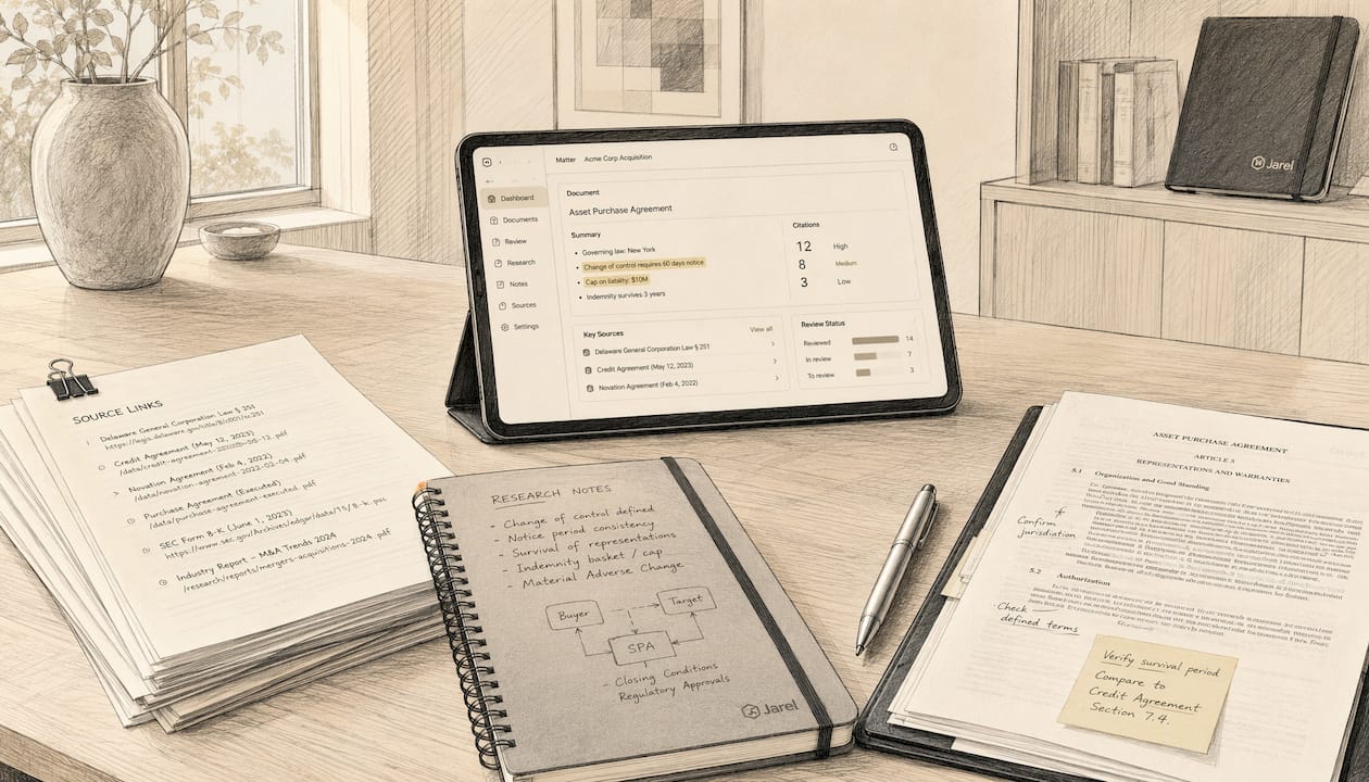 Overhead view of legal AI contract analysis tools