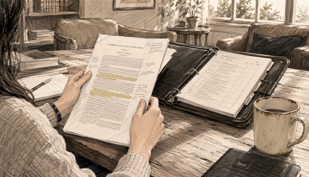 Hands marking judicial opinion on grey desk