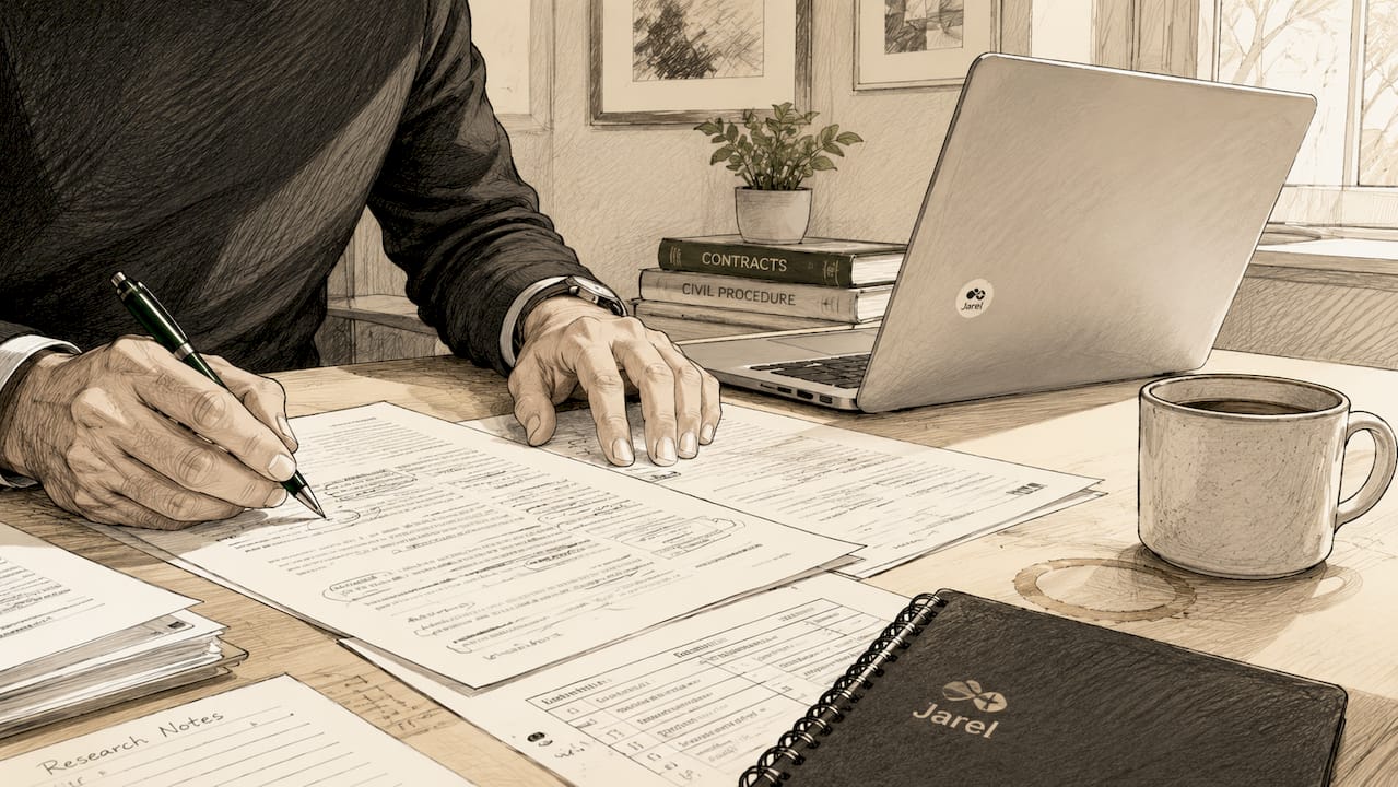 Hands reviewing annotated legal documents