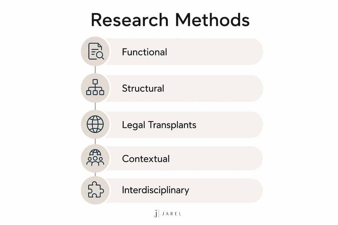 Vertical flow infographic of comparative law research methods