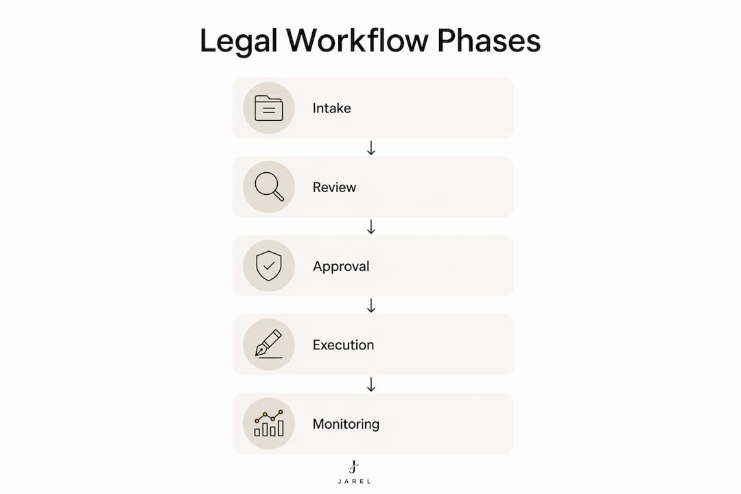 Infographic illustrating key legal workflow phases