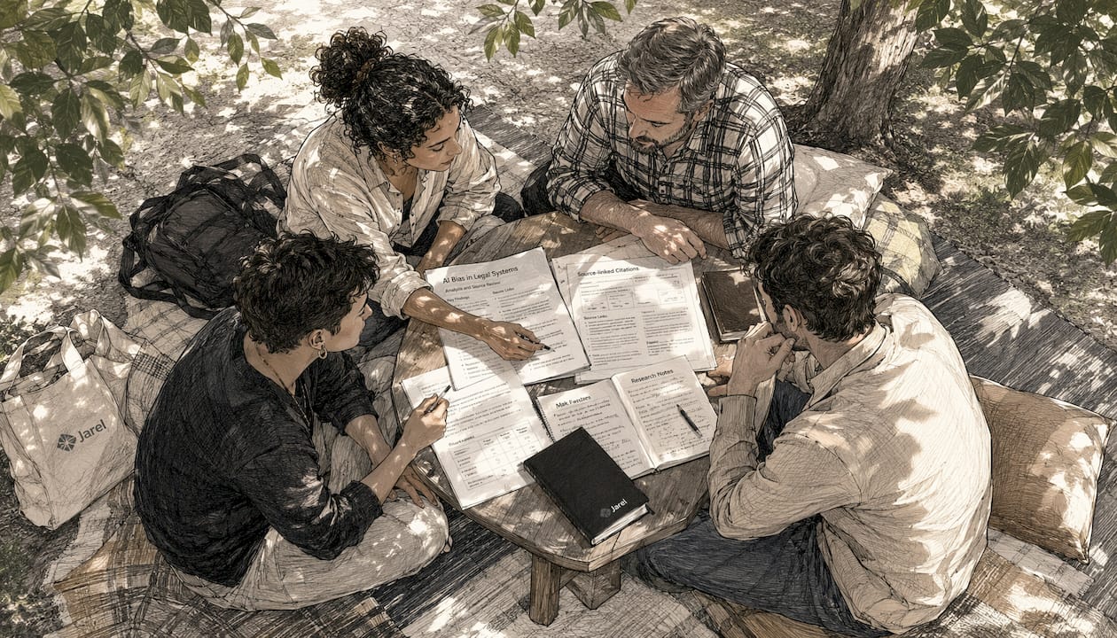Diverse legal team reviewing AI bias reports