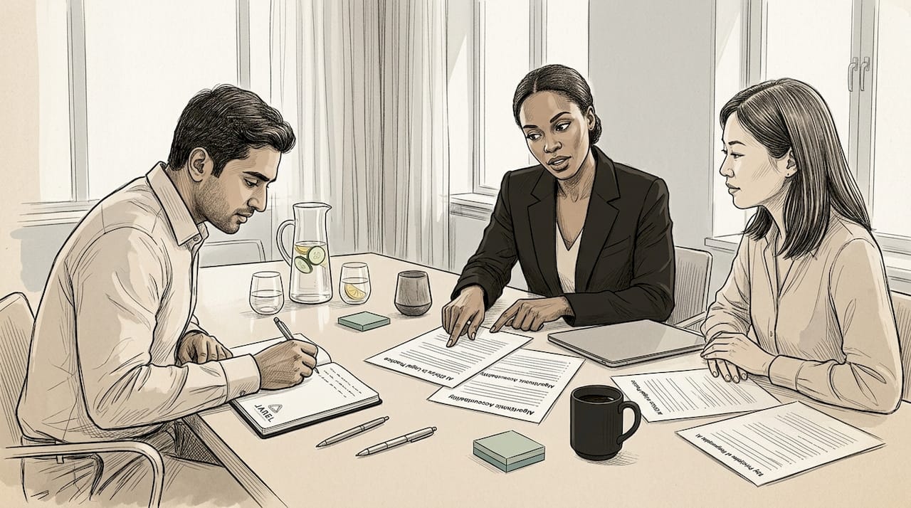 Legal team discussing AI ethics documents