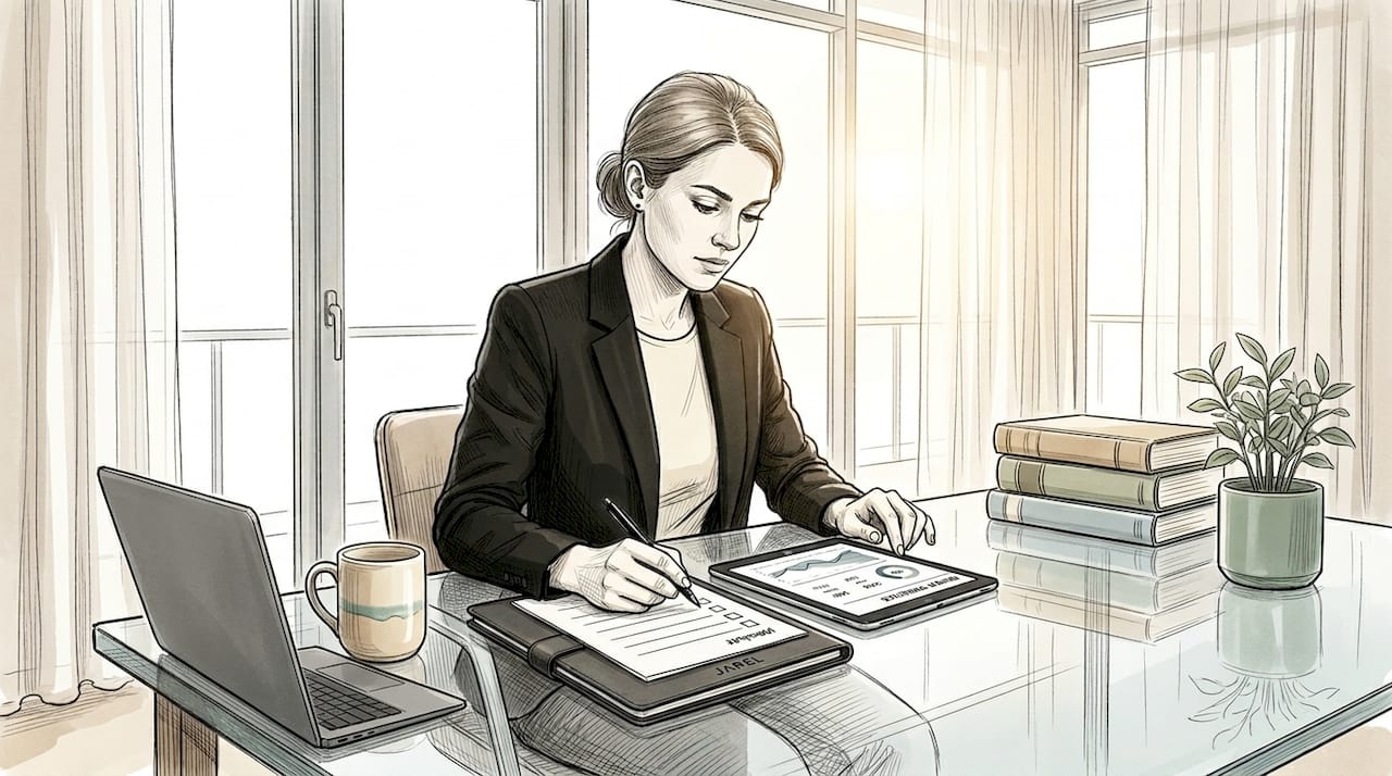 Junior lawyer checking review checklist at desk