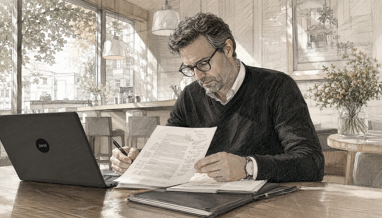 Male lawyer reviewing contract papers at office desk