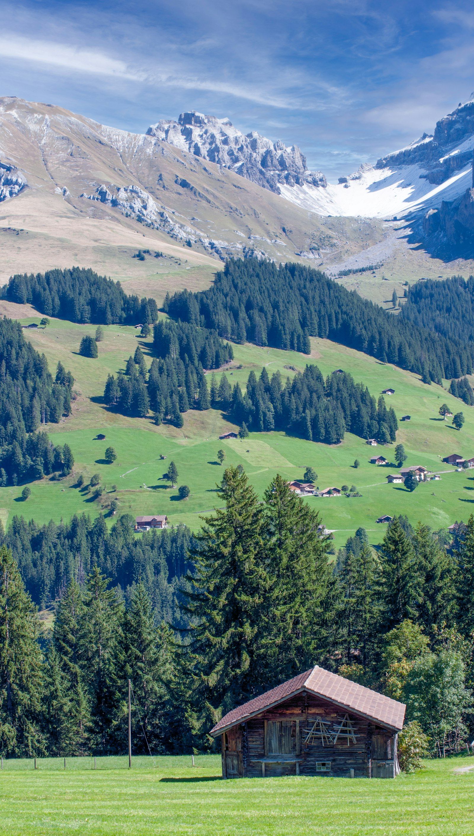 Wooden cabin in a green meadow with mountains behind