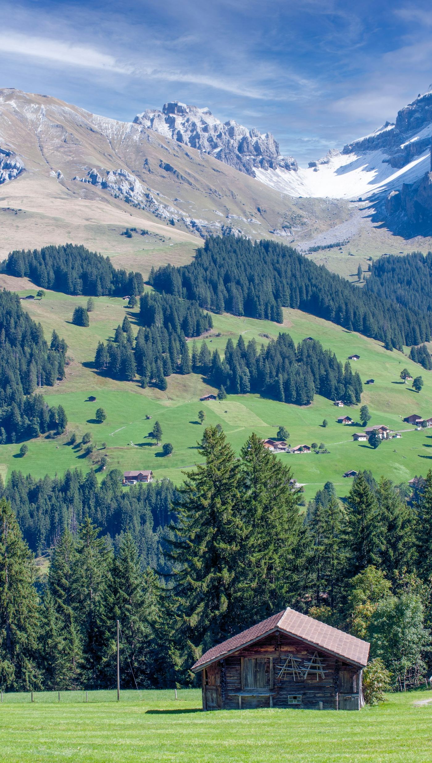 Wooden cabin in a green meadow with mountains behind