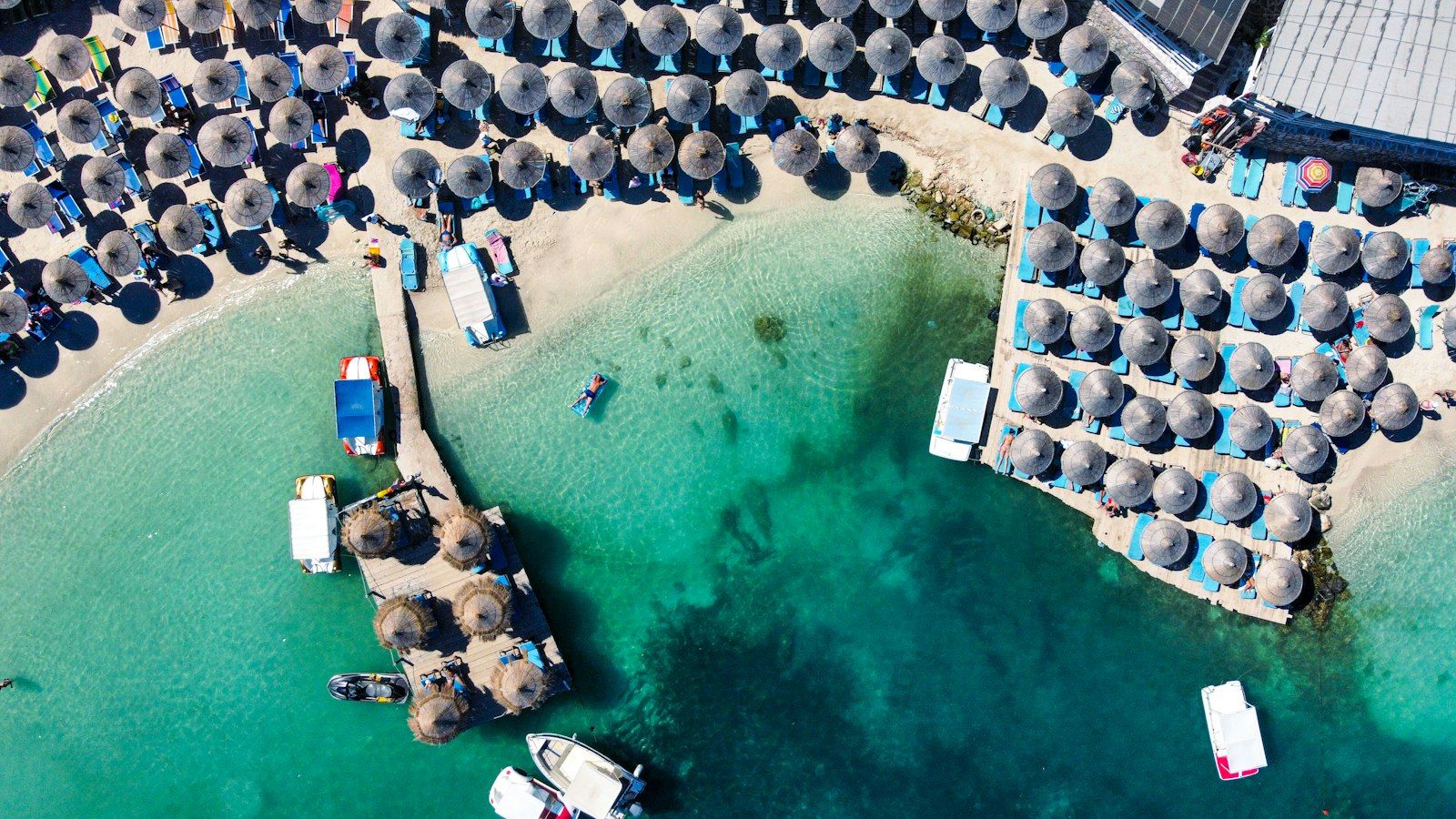Aerial view of the beach with umbrellas