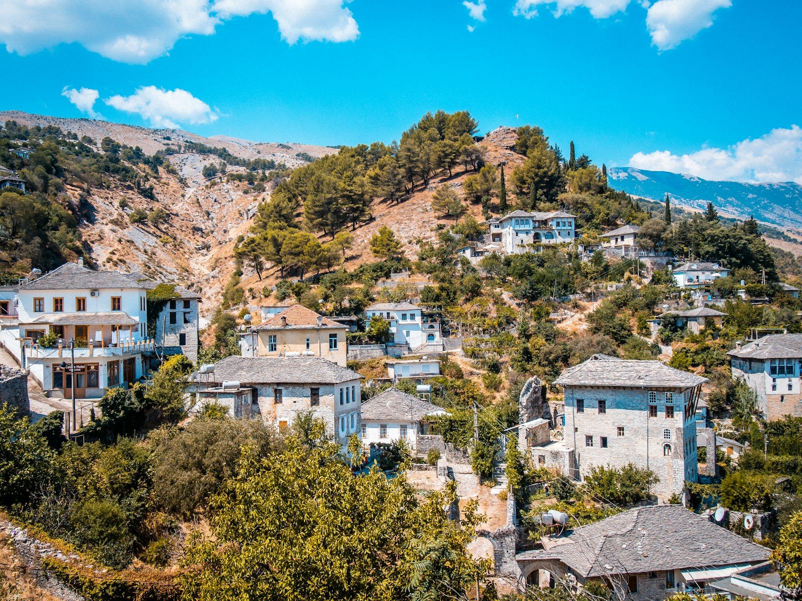 Hillside houses with mountains behind