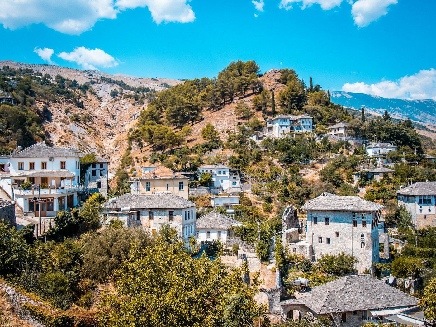 Hillside houses with mountains behind