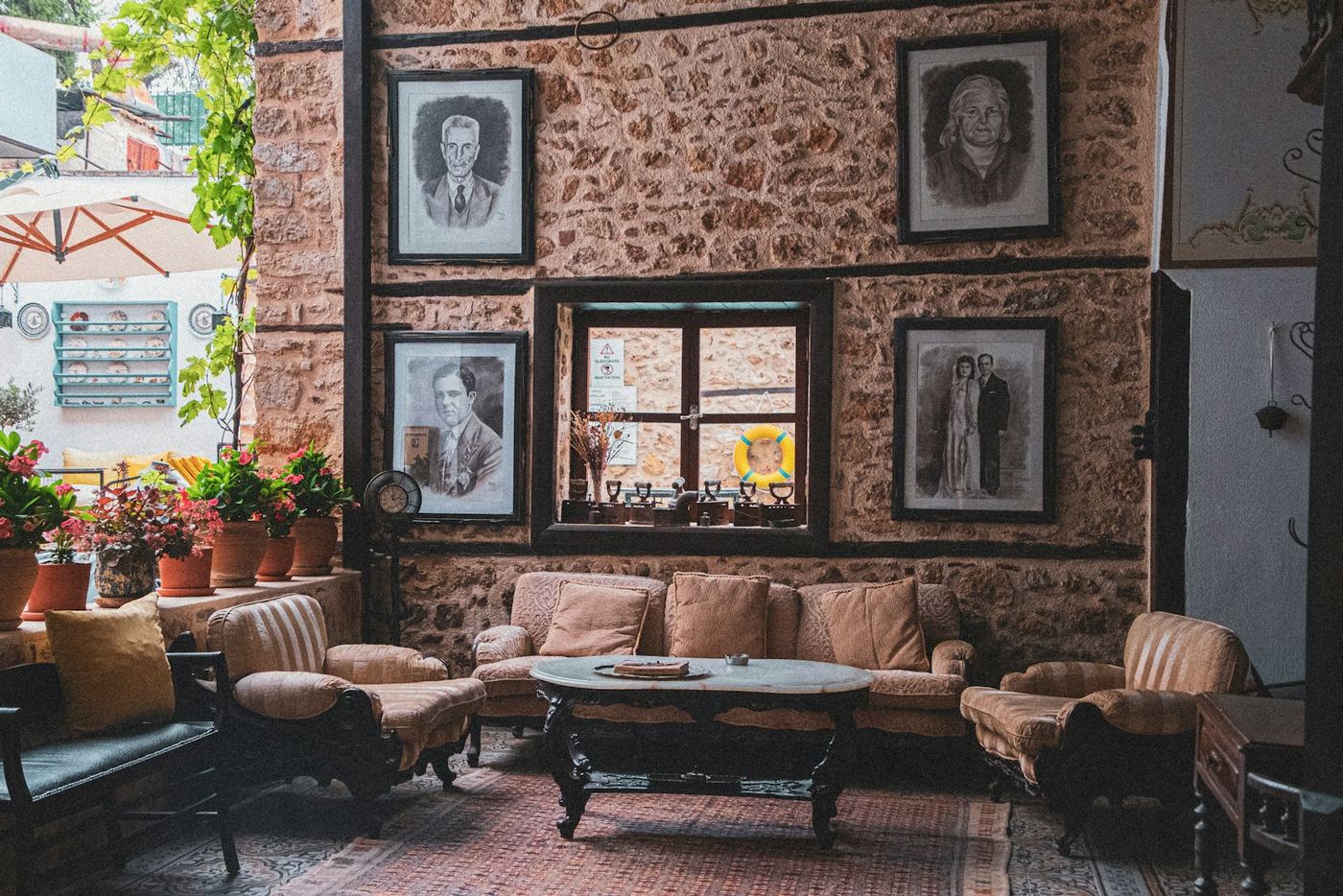 Rustic stone room with upholstered furniture