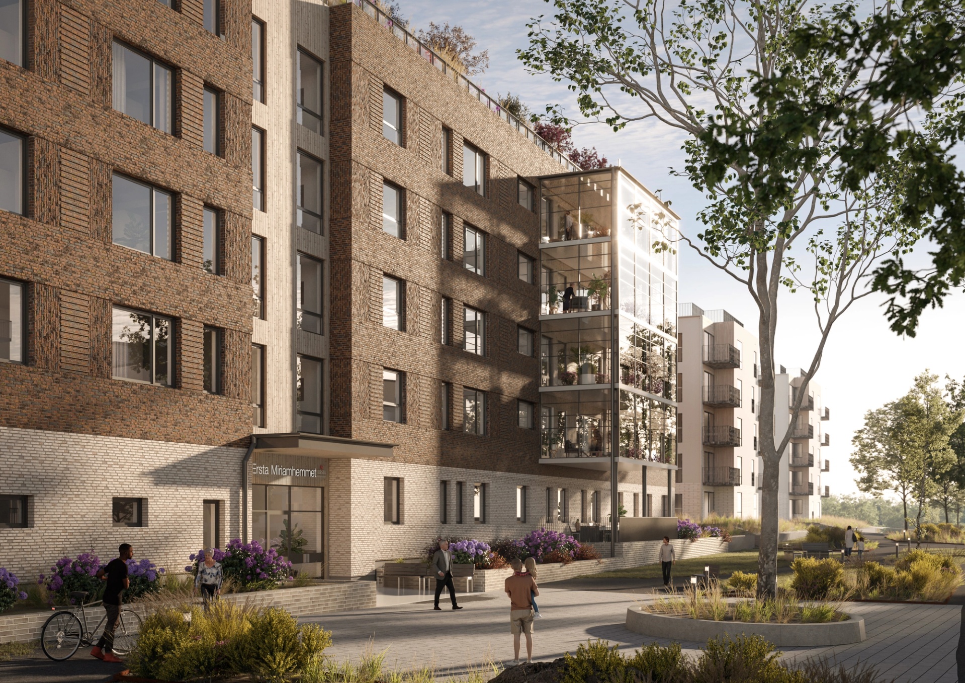 Visualisering Tenstaterrassen gaturum, tegelfasad.