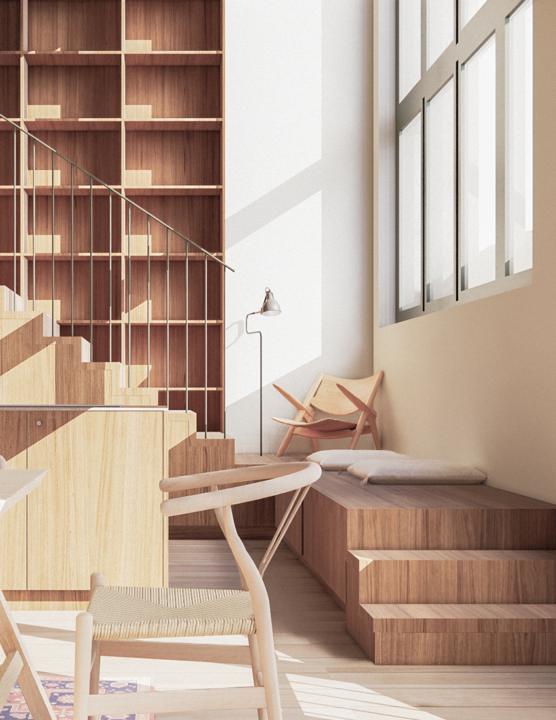 Interiör visualisering av bostäder i Gamla Kulturbolaget. Etagelägenhet med trappa.