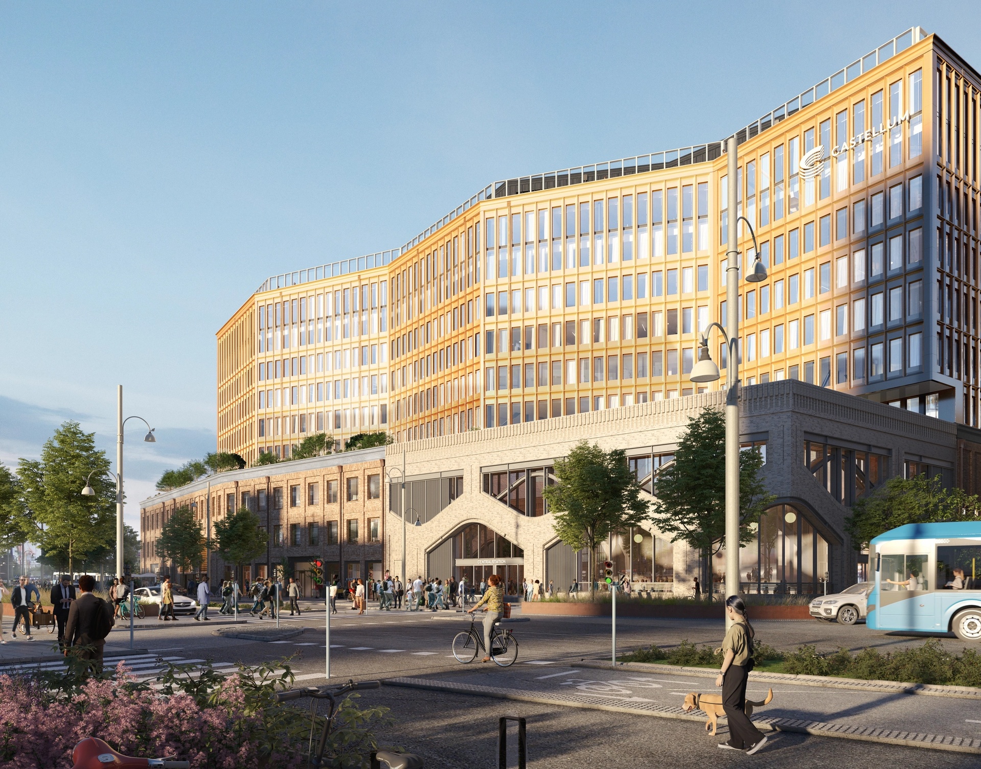 Noon, fasad kontorshus. Anslutning till stationsbyggnad.