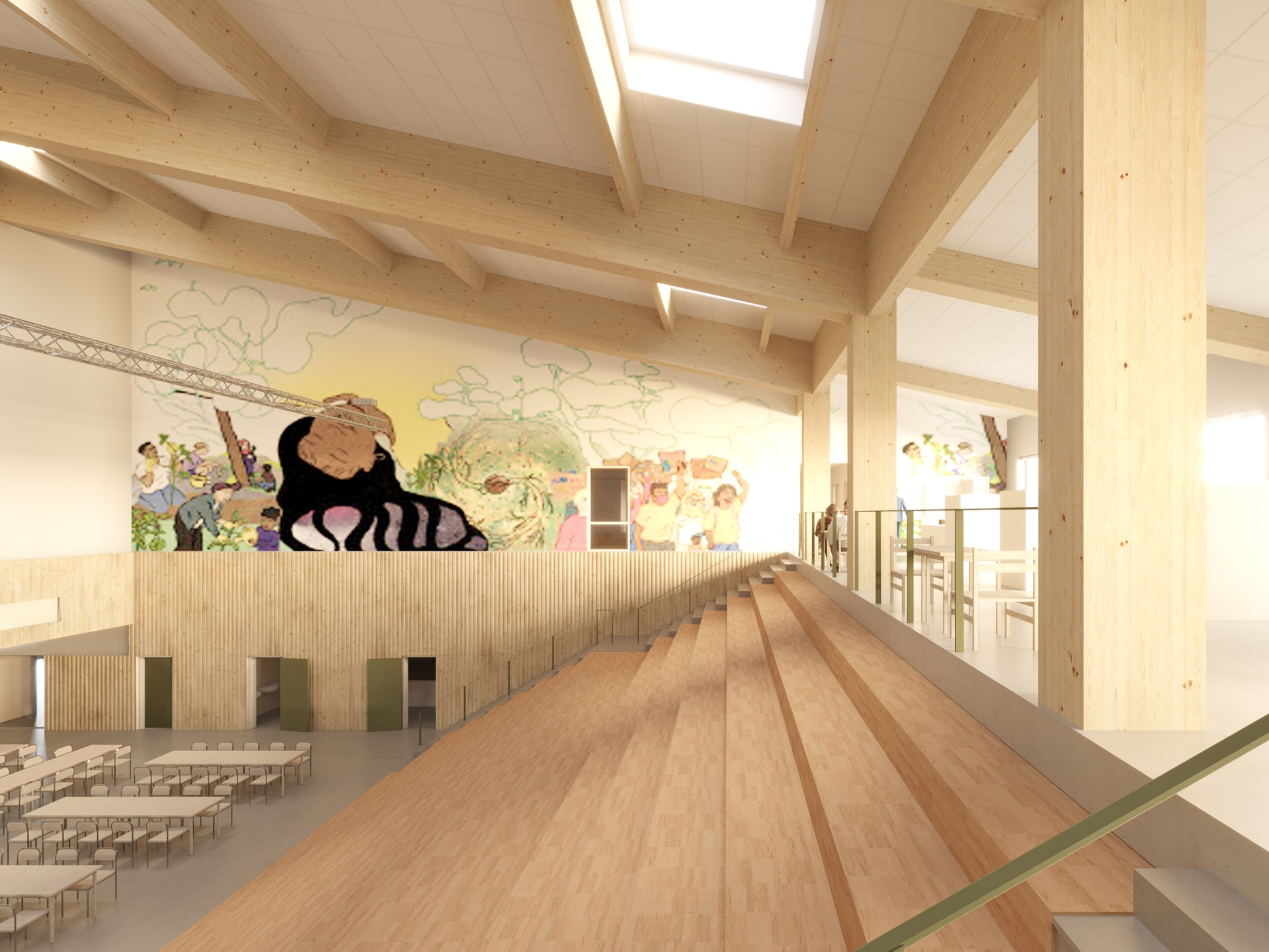Interiör visualisering av Nya Gottsundaskolan, gradäng, matsal, väggmålning