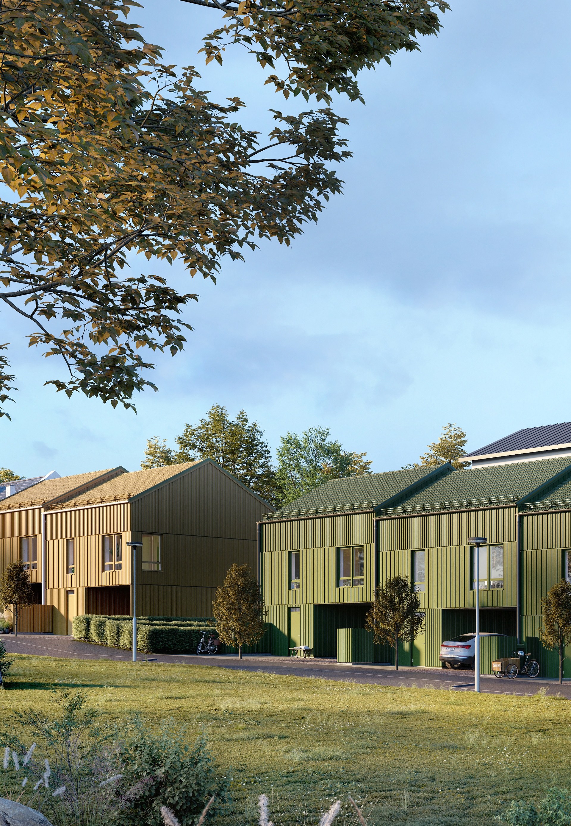 Visualisering av fasad och gatumiljö vid bostadsprojektet Gårdshusen