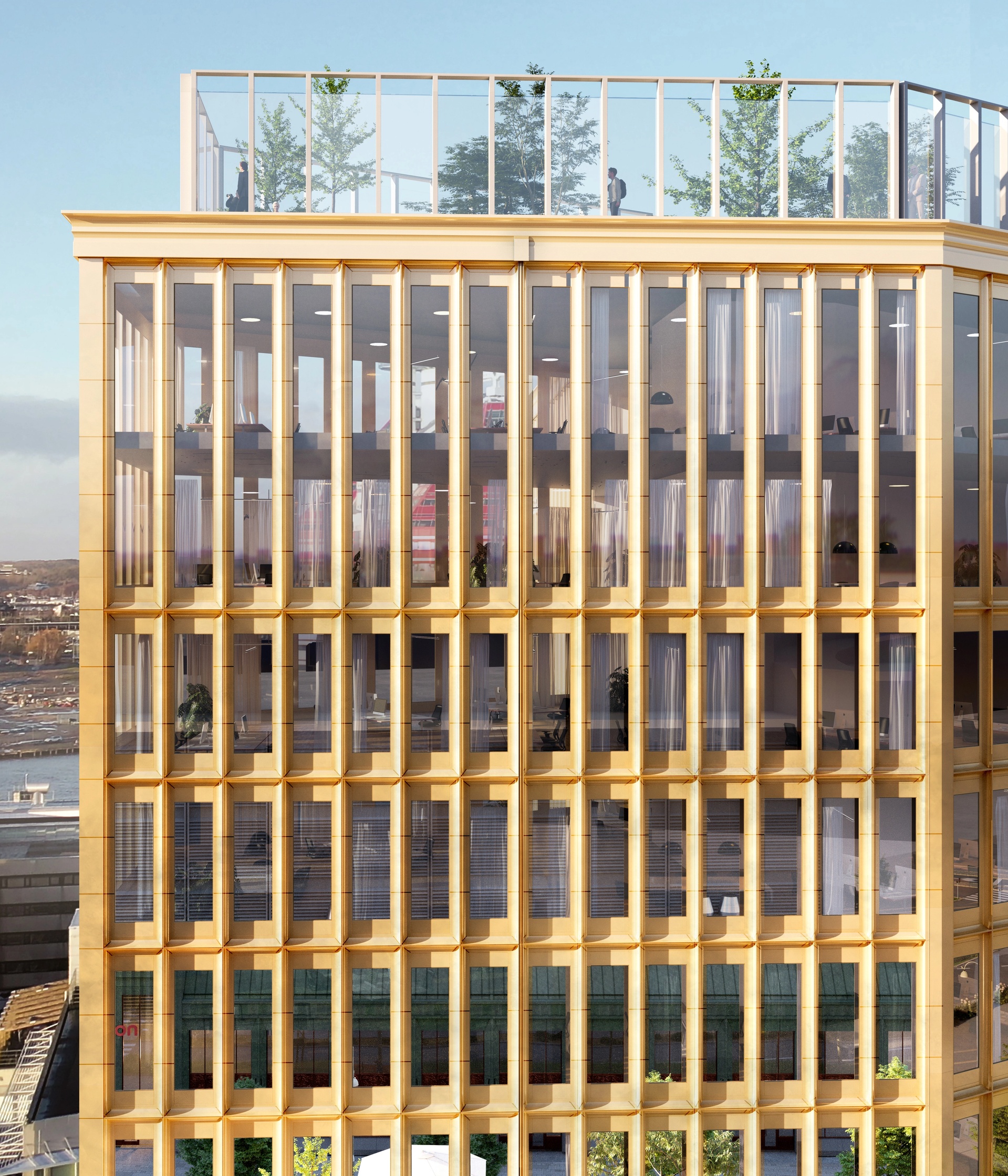 Noon, fasad i glas och takterrass