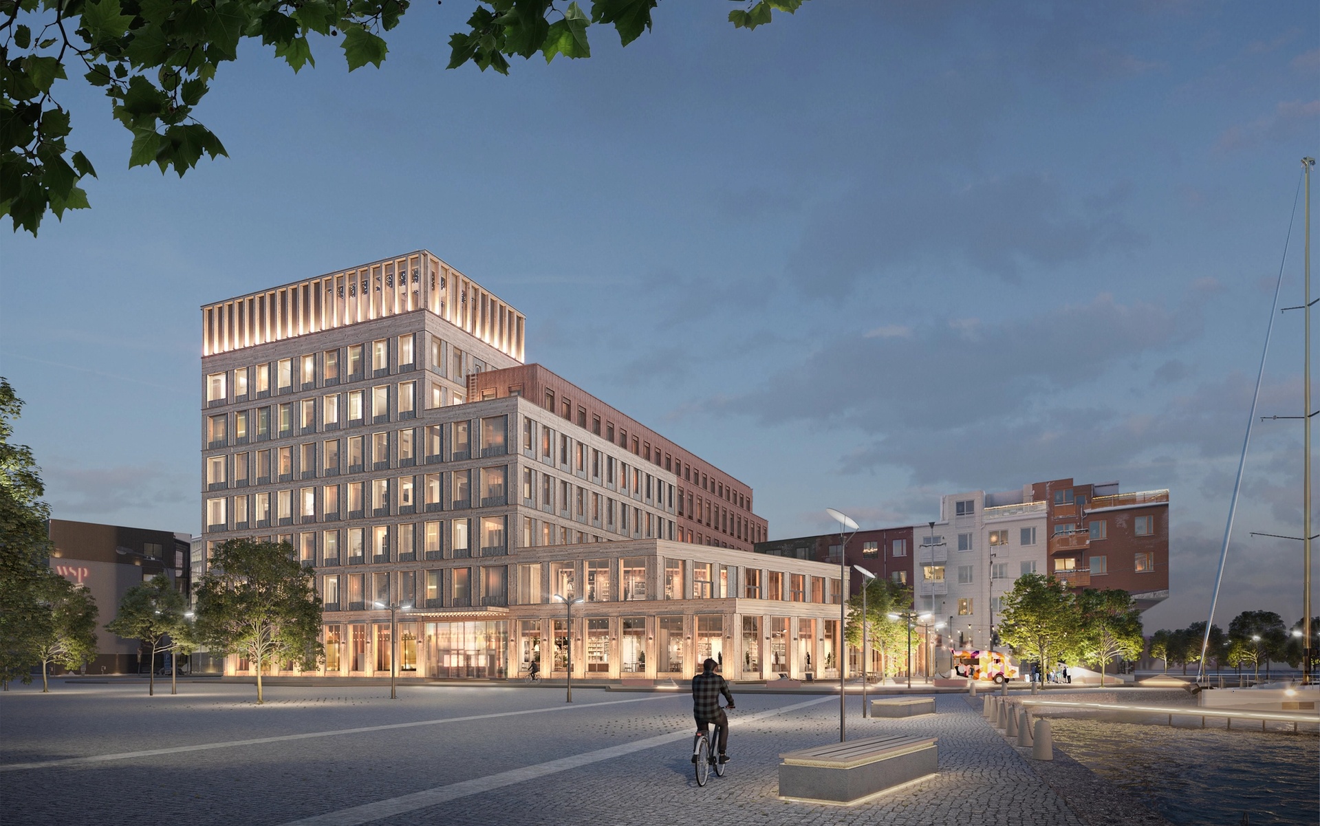 Exteriör visualisering av Stella: klimatneutralt hotell och kontorshus i Sundsvall, ritat av Arkitekterna Krook & Tjäder