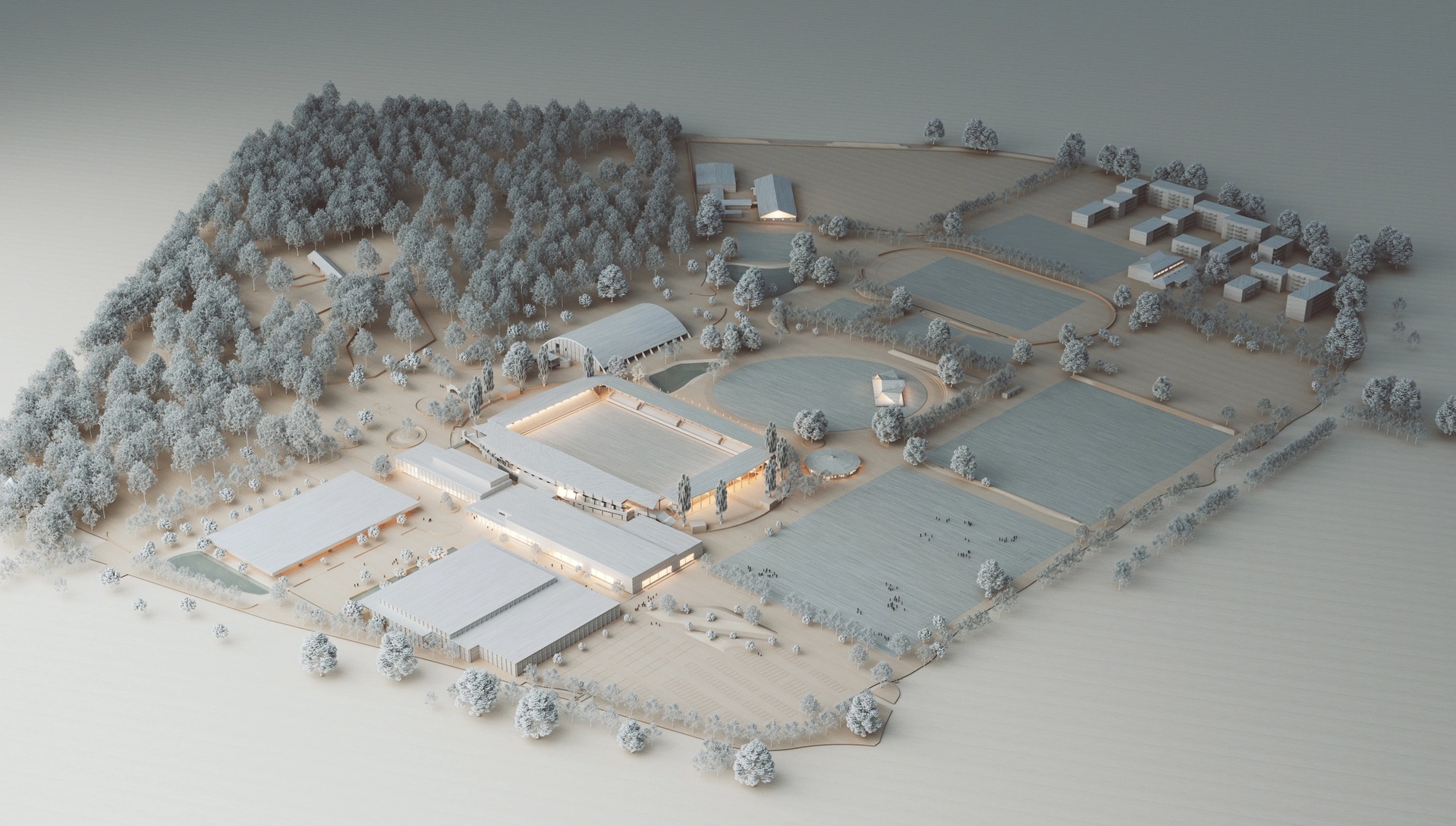 Visualisering av situationsmodell av förslag till Karlslunds idrottsområde.