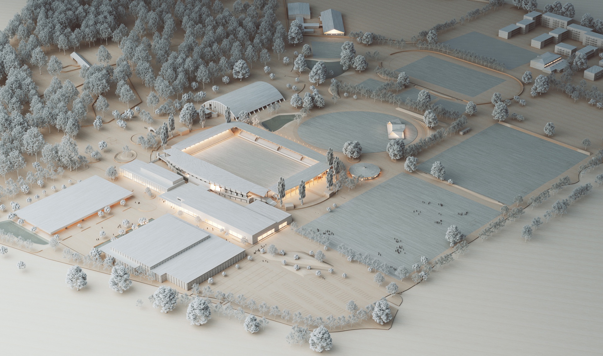 Visualisering av situationsmodell av förslag till Karlslunds idrottsområde.