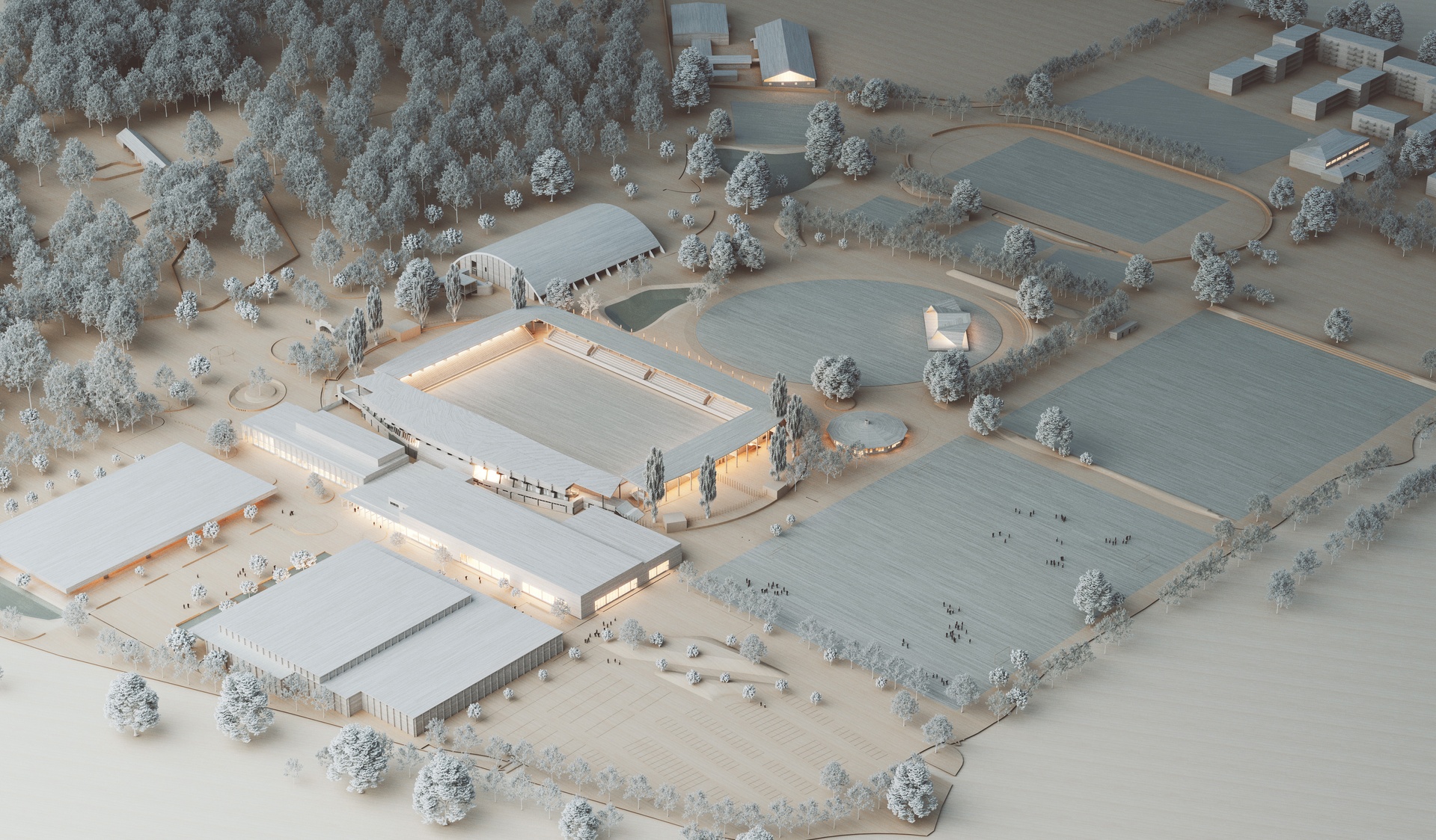 Visualisering av situationsmodell av förslag till Karlslunds idrottsområde.