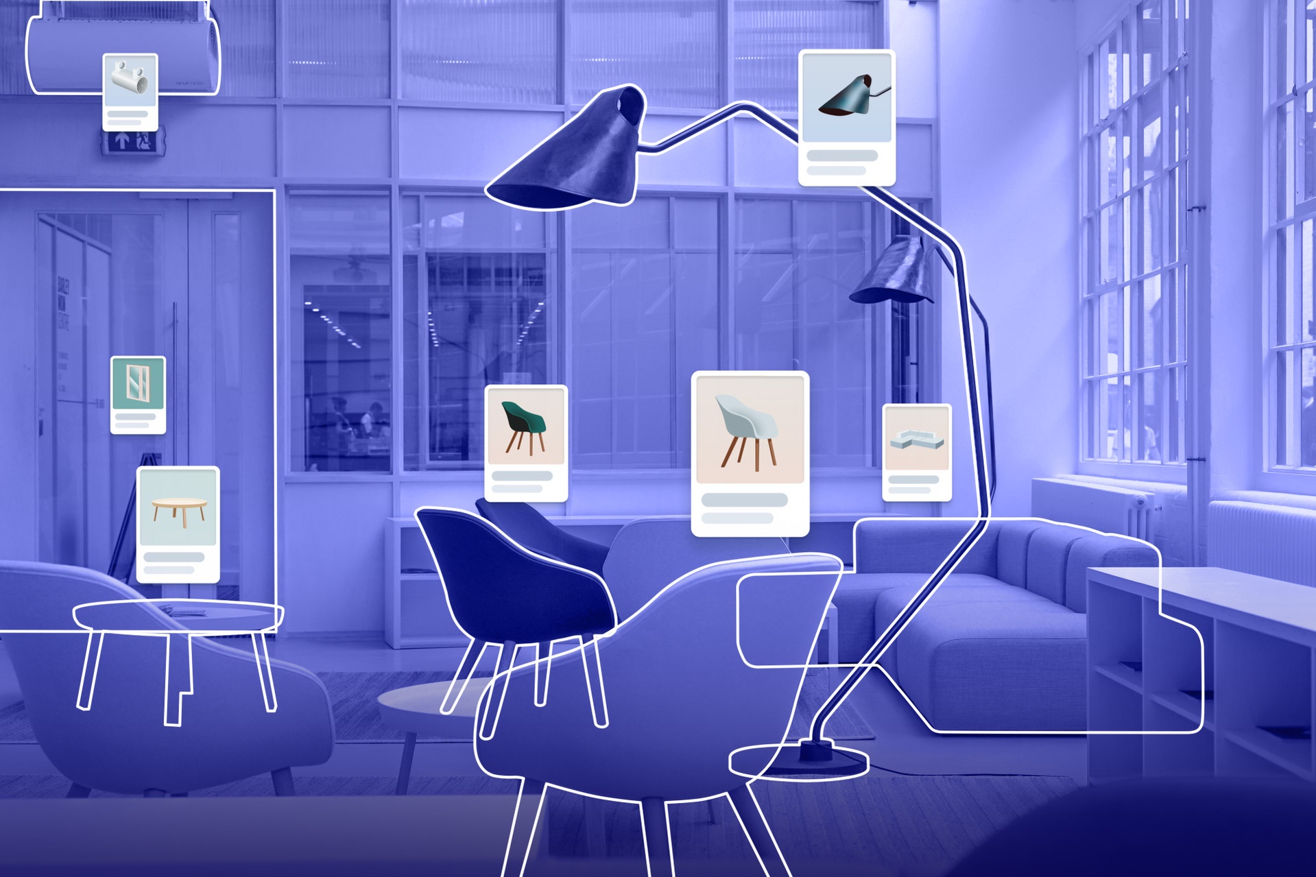 Grafisk visualisering i lila, av en interiör med möbler