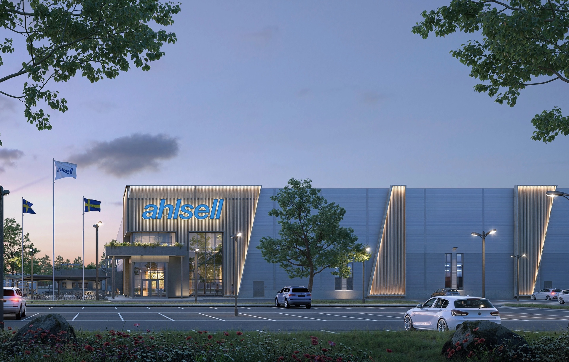 Ahlsell New Site visualisering kvällsperspektiv