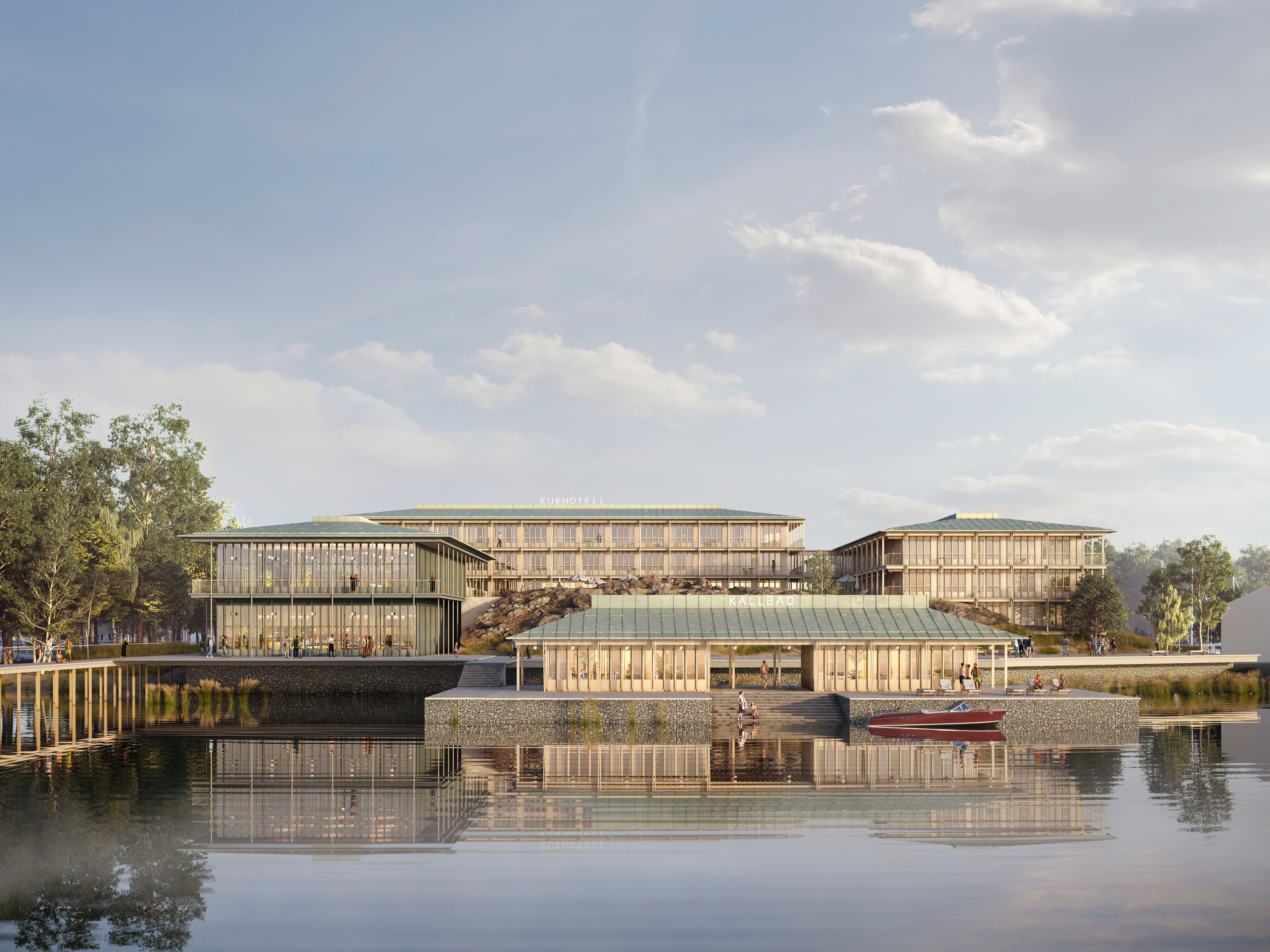 Skarholmen vy från vattnet i morgonljus