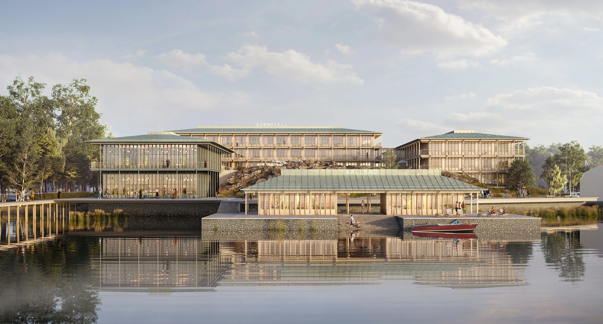 Skarholmen vy från vattnet i morgonljus