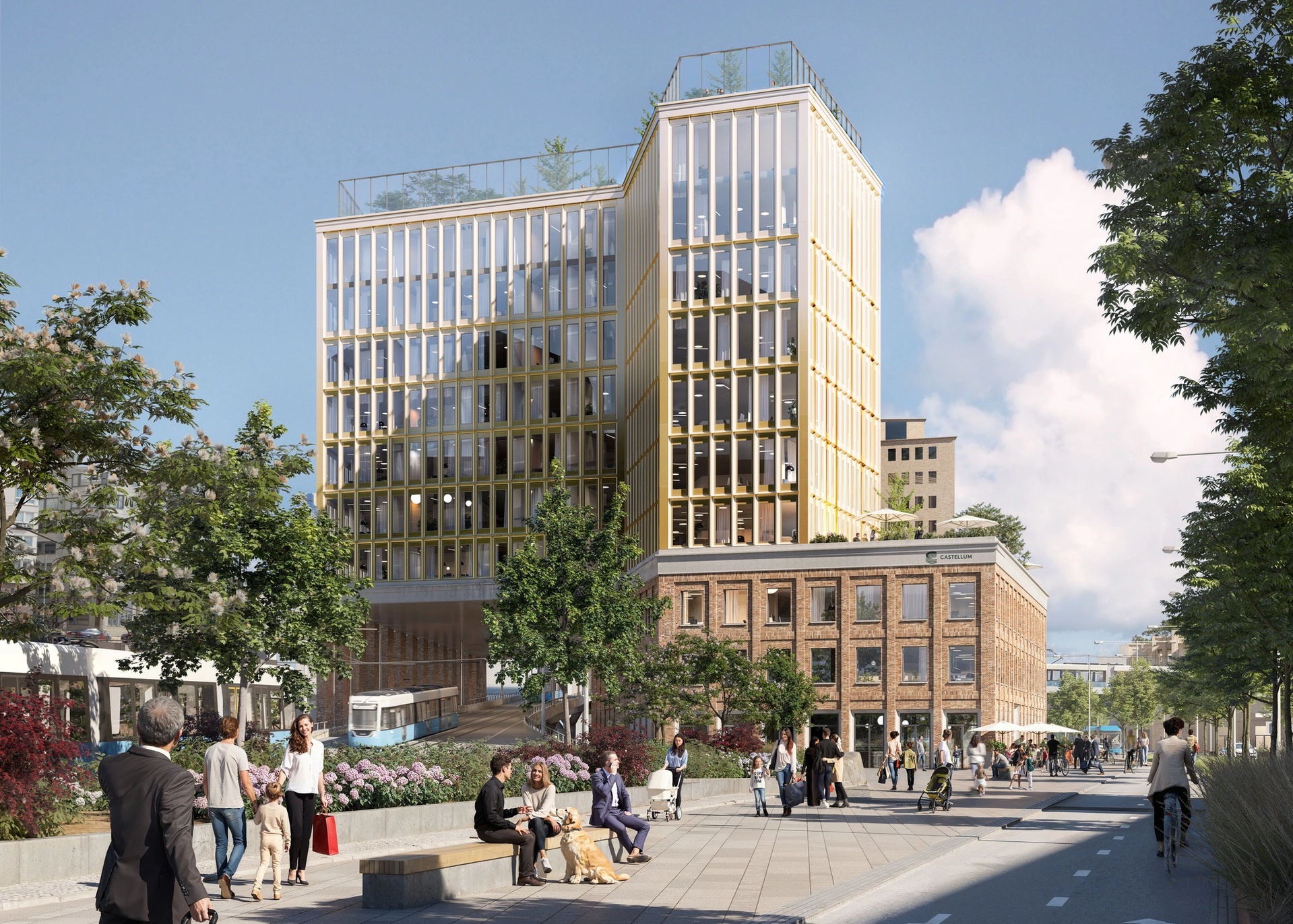 Noon. Kontorshus i Centralenområdet, Göteborg. Visualisering med spårvagnen som går genom huset.