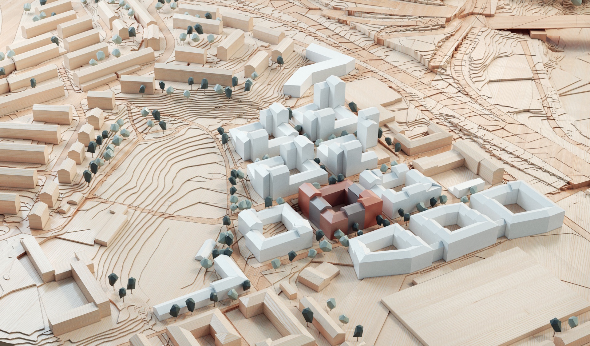 Visualisering av modell Park Central i Göteborg. Vy från framsida.