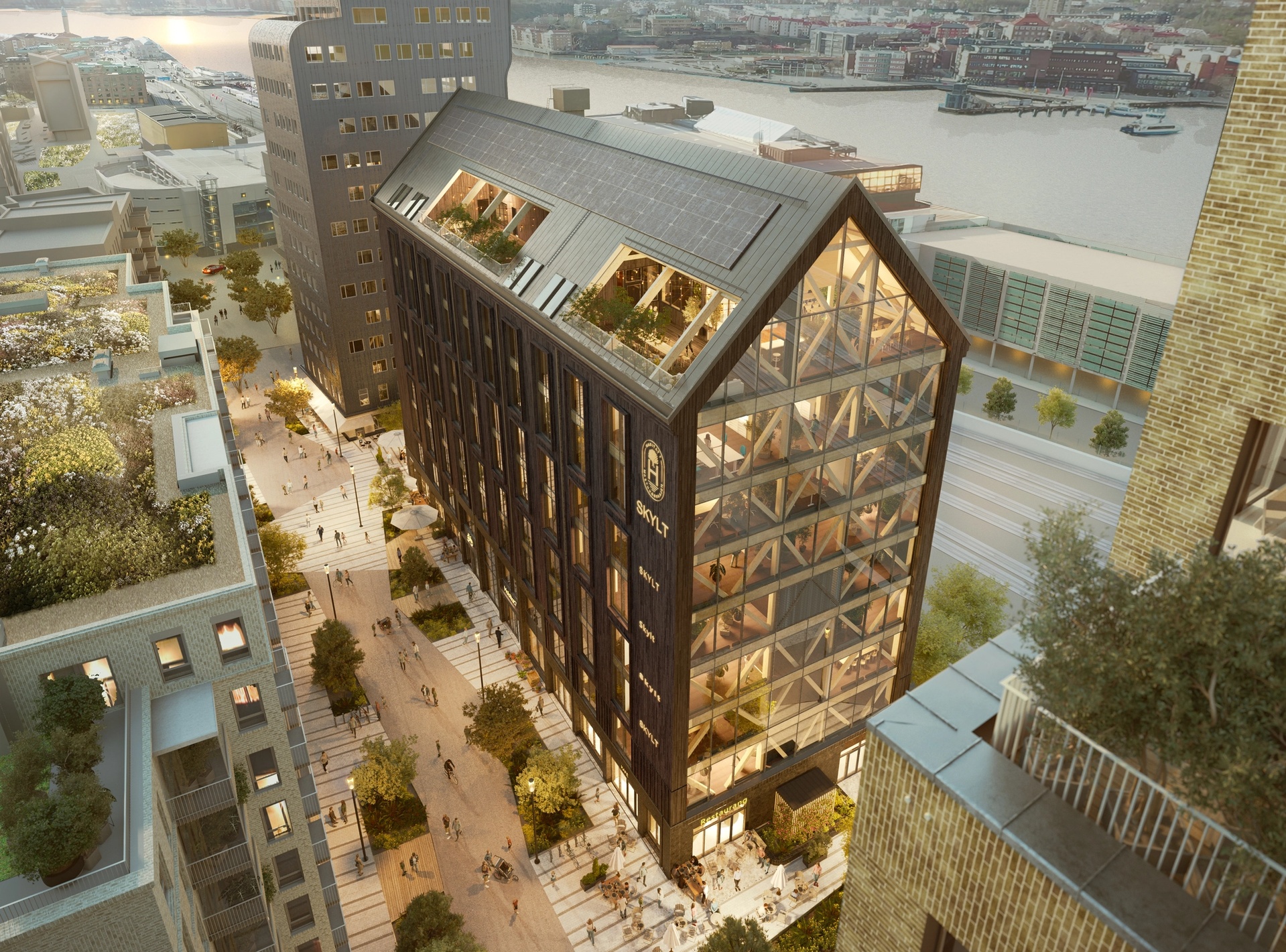 Visualisering av träkontorsbyggnaden Habitat 7 ritad av Krook & Tjäder
