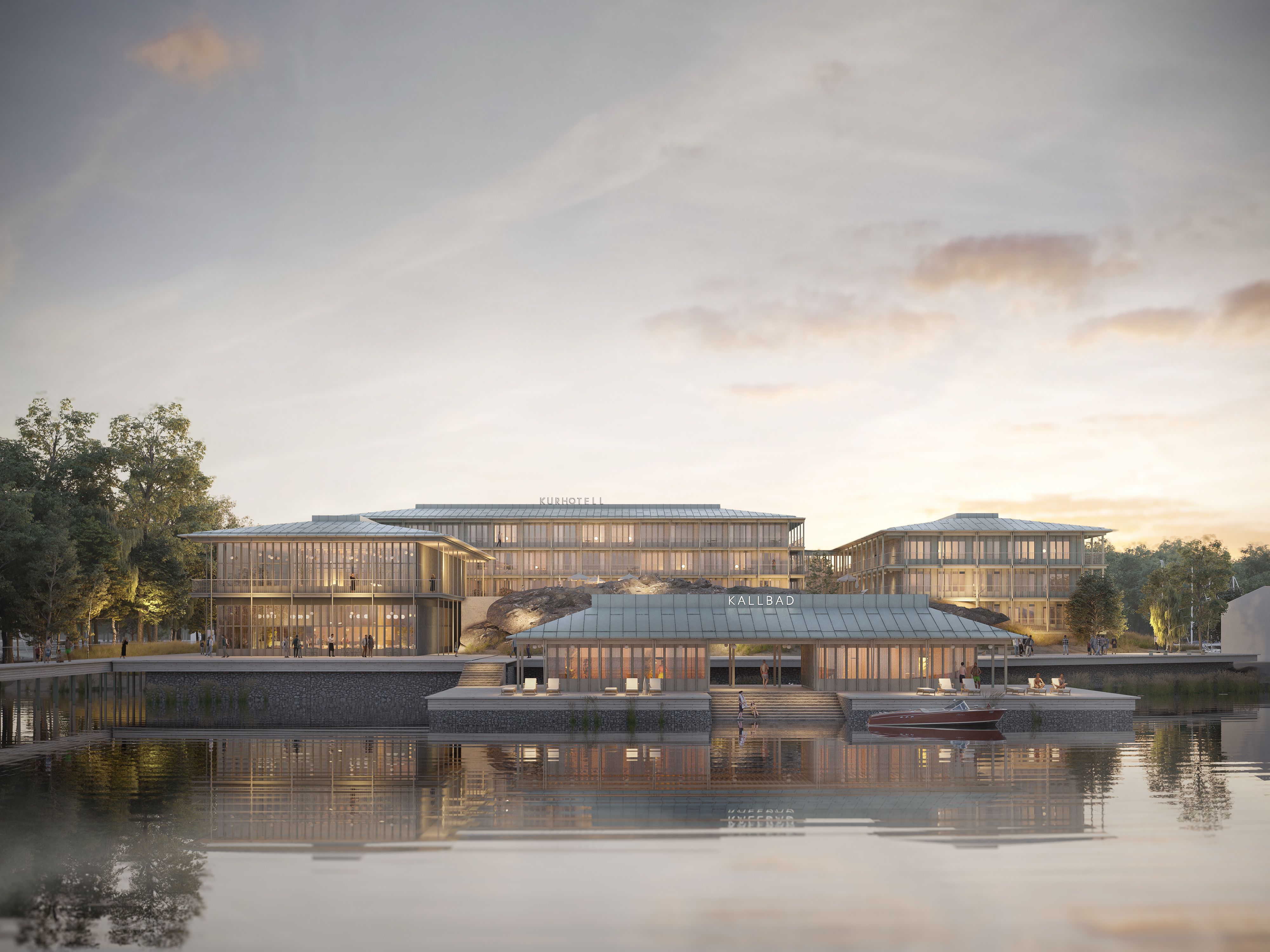 Skarholmen vy från vattnet i morgonljus