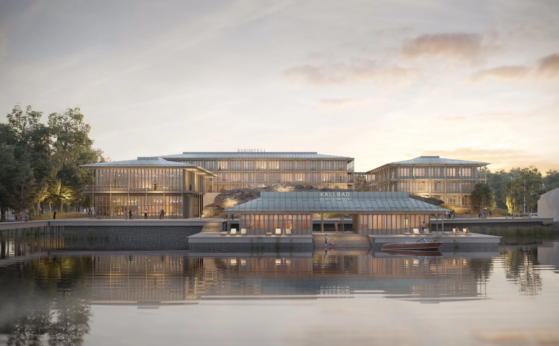 Skarholmen vy från vattnet i morgonljus